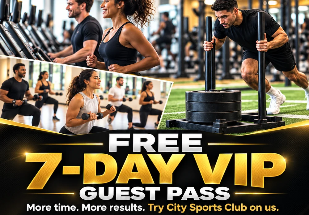 Fitness imagery and gold 7-Day VIP Guest Pass flyer artwork