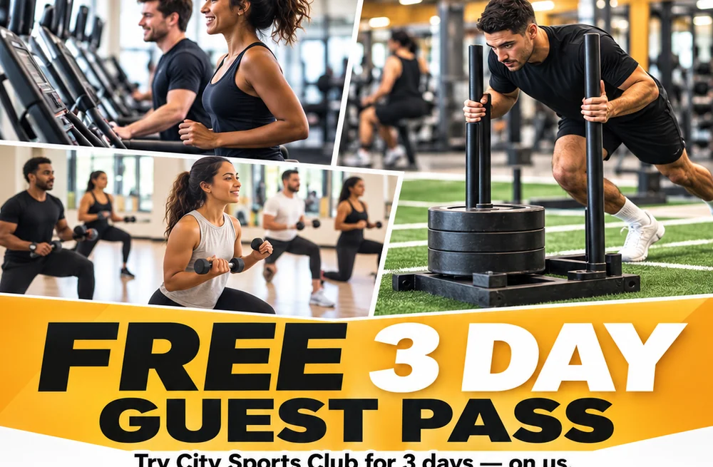 Fitness imagery and 3-Day Guest Pass flyer artwork